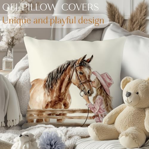 Western Cowgirl Horse Pillow Cover 18x18 - Horses Girls Edition, Rustic Country Farmhouse Decor