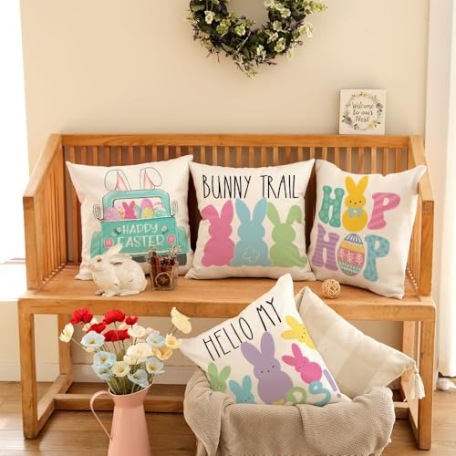 GEEORY Easter Pillow Covers 18x18, Set of 4 Farmhouse Spring Throw Pillows