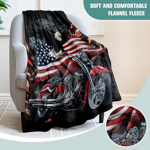 American Flag Bald Eagle Fleece Blanket - 50x60 Inch Motorcycle Gift