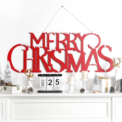 Large Snowy Metal Merry Christmas Wall Sign - 36x12 Inch Holiday Door Decor