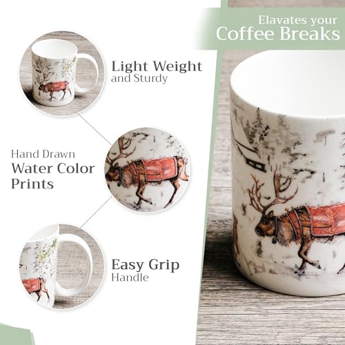 European Style Bone China Coffee Mug with Handles - 15 Ounce Christmas Reindeer Variation