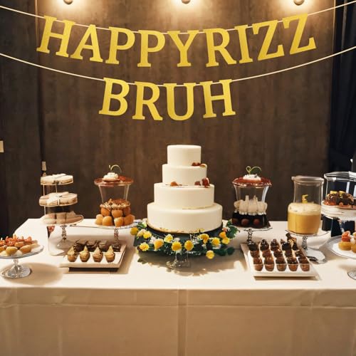 Happy Rizz Bruh Gold Glitter Birthday Banner - Pre-Strung Party Decor