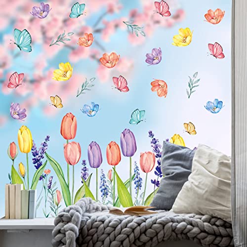 67 PCS Spring Summer Window Cling Stickers - Tulip & Butterfly Decor