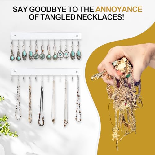 Dntorx White Wooden Wall Necklace Organizer with 24 Hooks – Jewelry & Accessory Storage