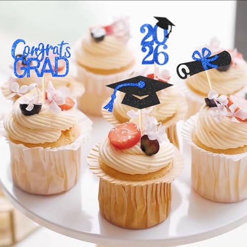 Class of 2026 Graduation Cupcake Toppers Blue Glitter 24 Pack