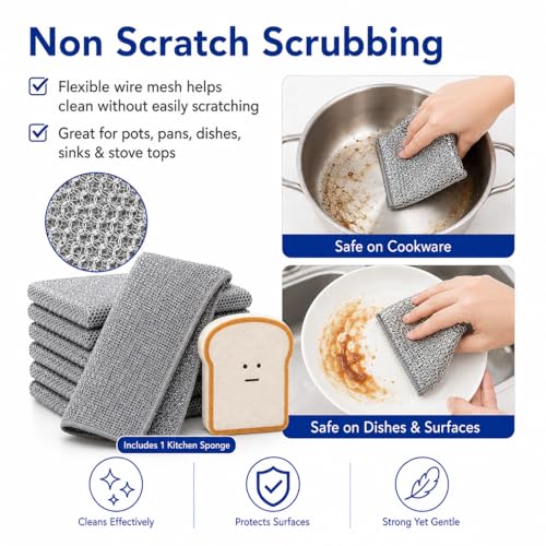 Muwfeuin Non-Scratch Wire Dishcloths 6-Pack with Sponge