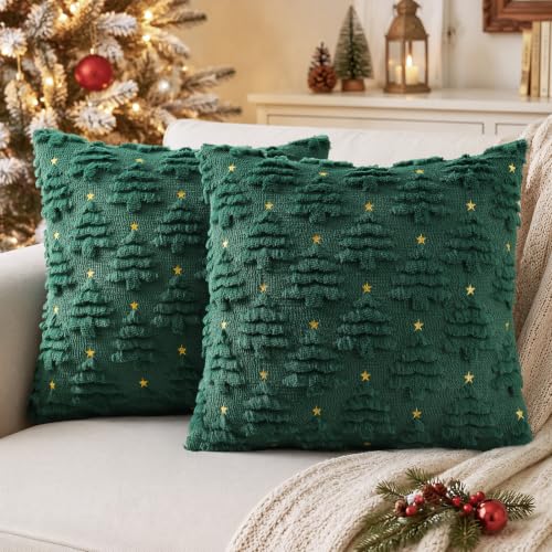 DecorUhome Christmas Tree Dark Green Throw Pillow Covers 16x16 Set of 2 - Holiday Decor