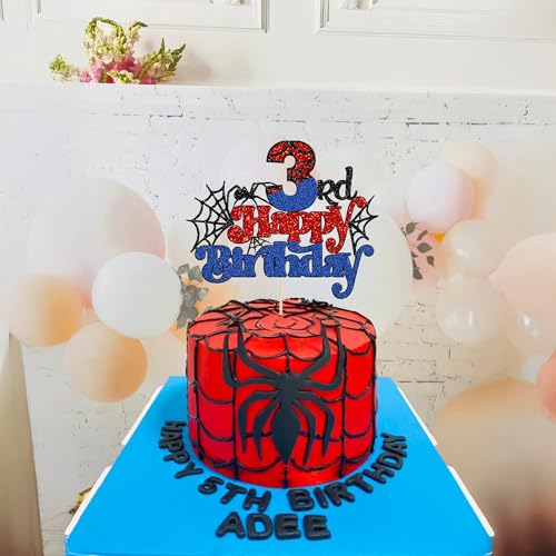 Spider Happy 3rd Birthday Cake Topper - Glitter Red & Blue Party Decor