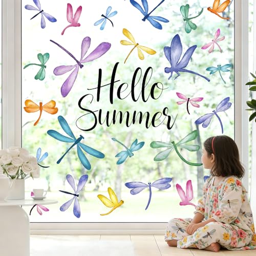 JOICEE 6 Pack Watercolor Dragonfly Window Clings - Removable Summer Decor