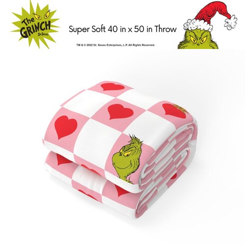 Grinch Checkered Heart Bedding Super Soft Silk Touch Throw, 40 in x 50 in, Valentine's Day Gift (Officially Licensed Product) by Franco Collectibles