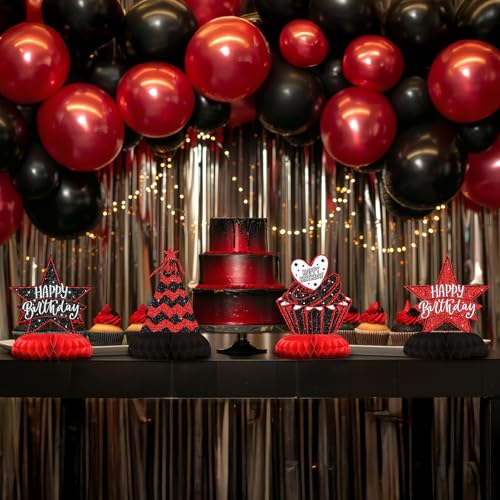 Celee Black and Red Birthday Decorations 12PCS Honeycomb Table Centerpieces - Elegant Adult Party Supplies
