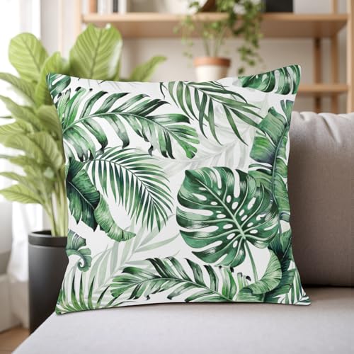 Tropical Palm Leaf Pillow Covers 18x18 Set of 2, Cotton Linen Throw Cases