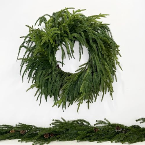 26 Inch Faux Norfolk Pine Wreath with Prelit Christmas Lights - Real Touch Decor