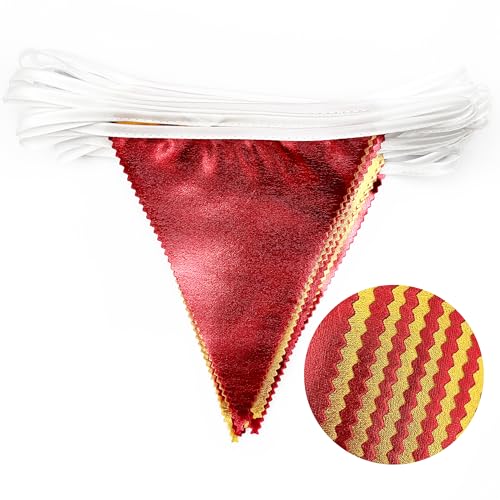 Red Gold Party Decorations Metallic Fabric Triangle Pennant Banner - 32ft, Reusable
