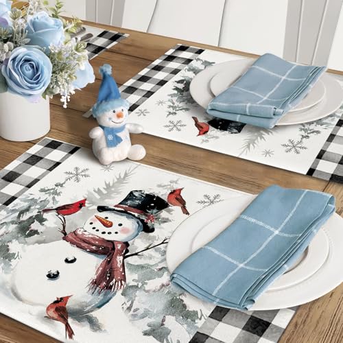 Winter Snowman Placemats Set of 4 - Snowy Pine Tree Cardinal Birds, 12x18 Inches