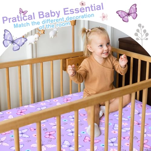 JISEN Purple Butterfly Fitted Crib Sheet - Soft & Washable 52x28 Inch