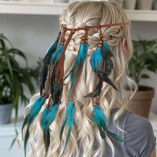 Guduling Blue Feather Indian Headband Boho Hippie Hair Accessory
