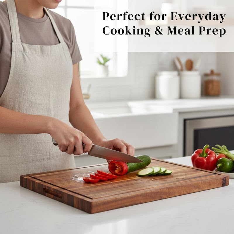 Premium Acacia Wood Cutting Board, 24" x 18" x 1.5" Thick Butcher Block for Meat, BBQ, Brisket & Meal Prep, Deep Juice Groove, Solid Hardwood, Non Toxic, BPA/Plastic Free by New M Way
