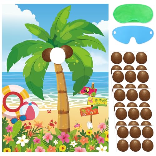 Hawaiian Luau Party Game - Pin The Coconut on Palm Tree Set