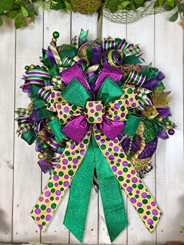 Purple Green Glitter Mardi Gras Wreath Bows by Mardi Gras - Large Decorative Bow for Indoor/Outdoor Decor