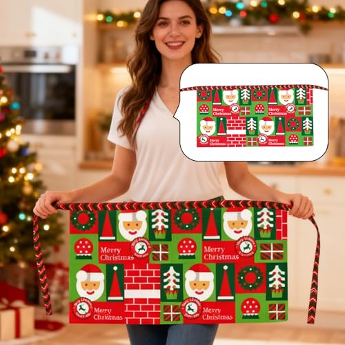 Cute Christmas Tree Waist Apron with Santa Claus Design - Waterproof Half Apron