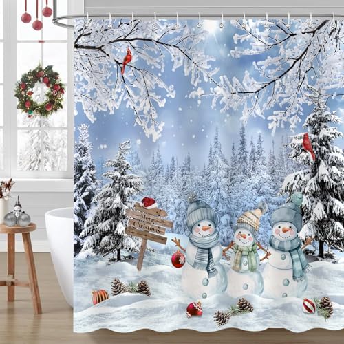 Blue Christmas Snowman Shower Curtain - Winter Holiday Bathroom Decor, 72x72 Inches