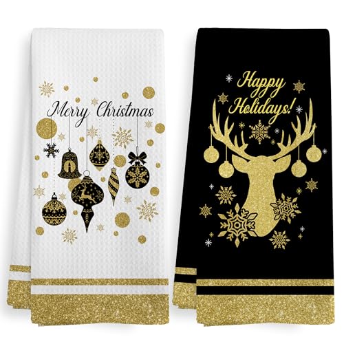 Christmas Reindeer Kitchen Towels Set of 2 - Black & Gold Holiday Decor
