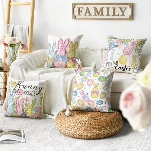 Happy Easter Rabbit Pillow Covers 18x18 Inch Set of 4 - Bunny Kisses & Eucalyptus