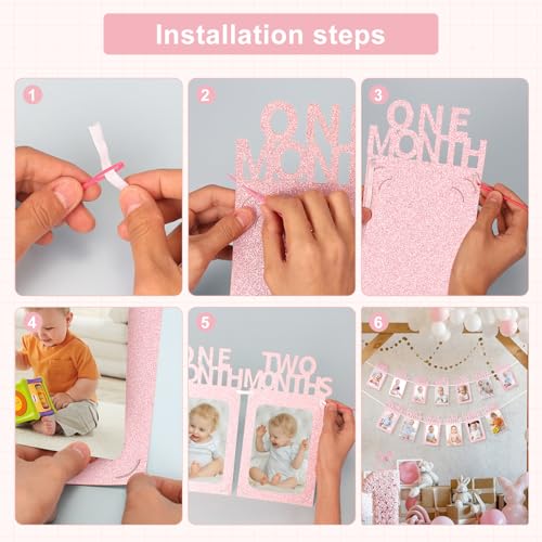 1st Birthday Photo Banner - Light Pink Decorations for Milestones