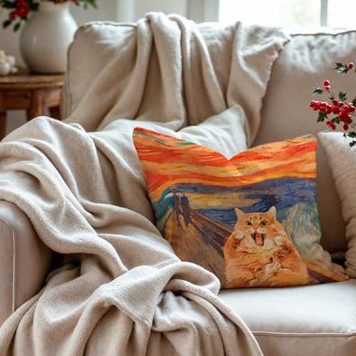 Funny Abstract Orange Cat Pillow Cover 18x18, Retro Modern Flannelette Case
