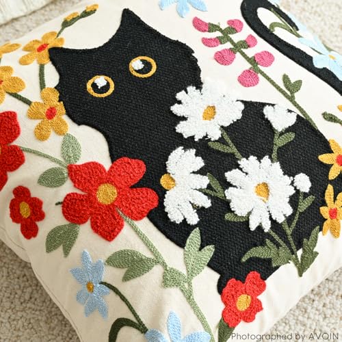 Black Cat Embroidered Throw Pillow Cover - 18" x 18" Floral Design