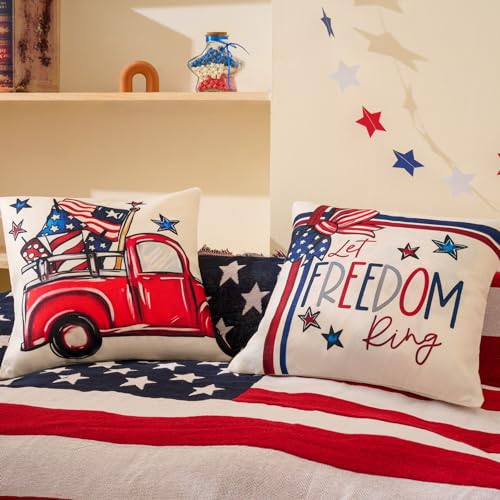 Hongsome 4th of July Patriotic Throw Pillow Covers 18x18in Set of 4, USA Flag Linen Decorations