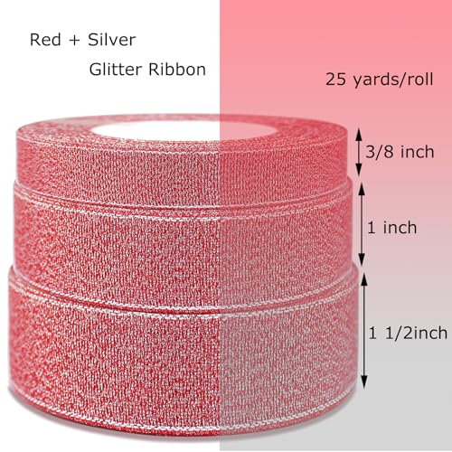 Red and Silver Glitter Ribbon 3/8 Inch x 25 Yards - Sparkly Metallic Craft Trim, Gift Wrap, Holiday & Wedding Decoration