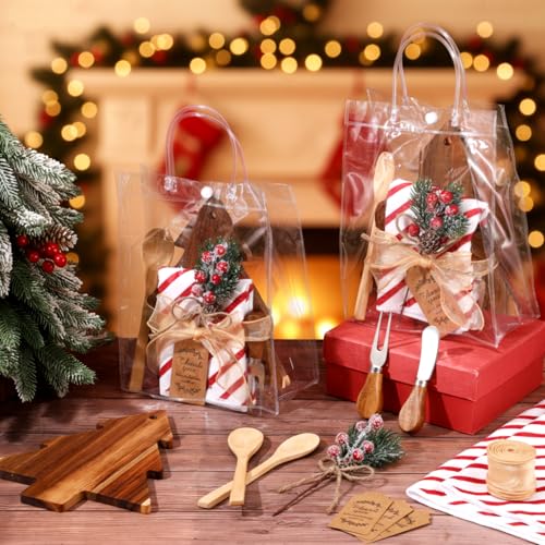 Potchen Christmas Wooden Cheese Board Set with Utensils and Towels - Tree A, 6 Pieces