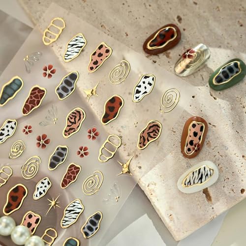 5D Embossed French Leopard Print Nail Stickers Flower Butterfly Decals