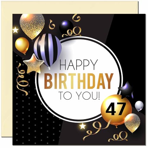 47th Birthday Card for Men and Women - Gold and Black Balloons