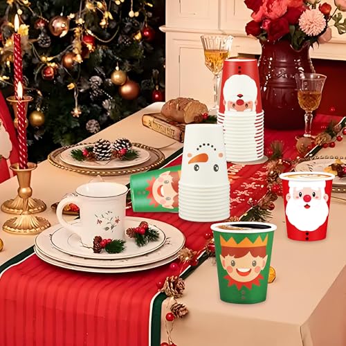 Christmas Paper Cups 9oz Disposable Holiday Drinkware Set - Santa Snowman Gingerbread