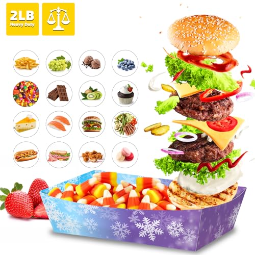 50 Pack Snowflake Paper Food Trays - Disposable Snack Boat for Winter Parties