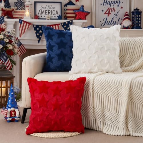 4th of July Pillow Covers 18x18 inch Set of 2 Blue Stars Decor