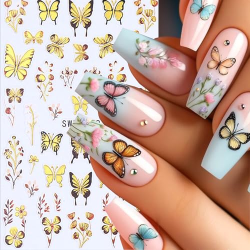 Butterfly Nail Art Stickers 3D Self-Adhesive Gold Blue Decals (6 Sheets)