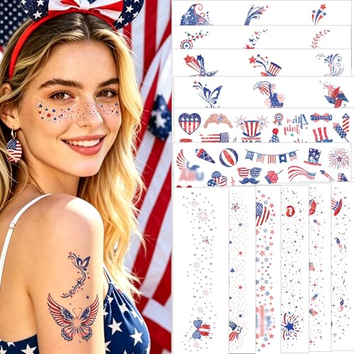 Patriotic Red White and Blue Glitter Freckle Face Tattoo Stickers 12Pcs