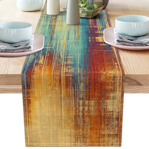 Blue Orange Rustic Farmhouse Linen Table Runner - 13x108 Inch for Dining & Home Decor