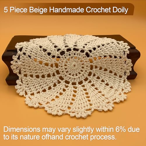 Handmade Beige Crochet Cotton Doilies Set of 5 - 7 to 14 Inch