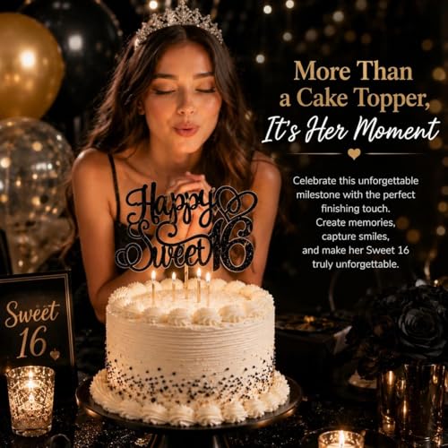 Elegant Black Glitter Sweet 16 Cake Topper for Birthday