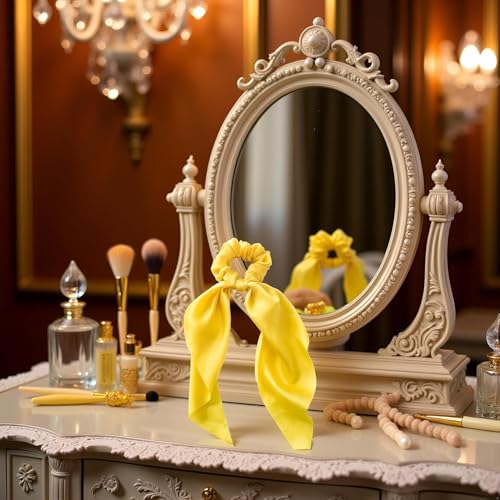 Yellow Satin Hair Scrunchie with Bow Ribbon Ponytail Holder