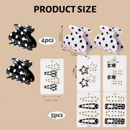 24-Piece Polka Dot Snap Hair Clips Set Black and White Barrette Assortment