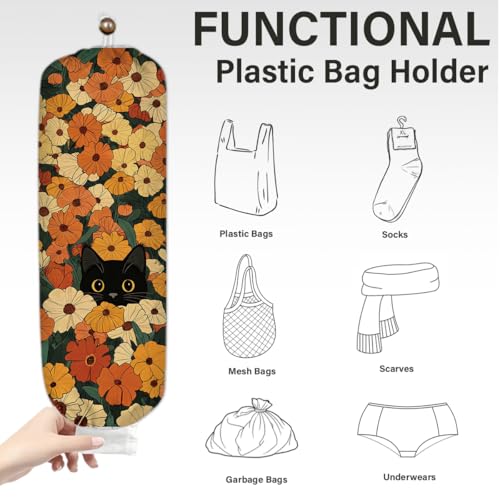 VYXVYX Floral Black Cat Plastic Bag Holder for Grocery Storage