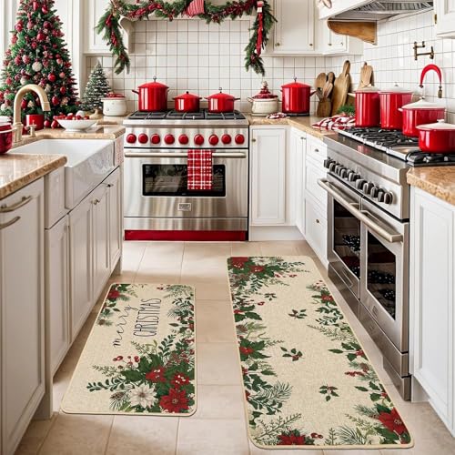 Christmas Kitchen Rugs Set of 2 - Holly Berry Poinsettia Burlap Mats, 17x29 & 17x47 Inches