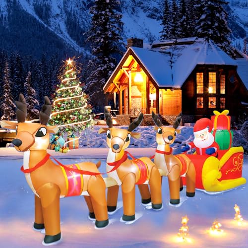 12FT Christmas Inflatable Santa Claus with 3 Reindeer Scene Outdoor Decor - Durable & Lighted