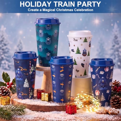 Christmas Train Plastic Coffee Cups 16 oz with Lids - 25 Pack - Blue Winter Design